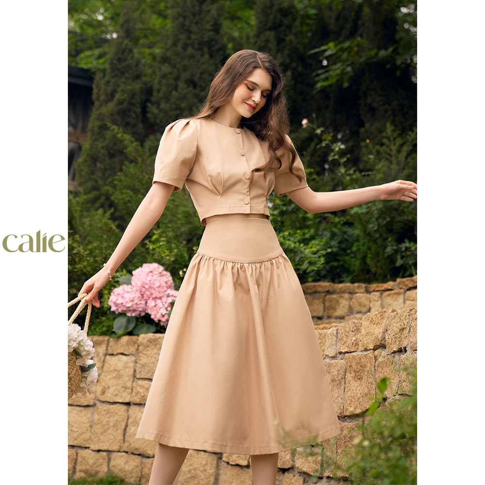 Set áo croptop tay bồng phối chân váy midi xoè xếp ly tôn dáng CALIE AC220 CM020