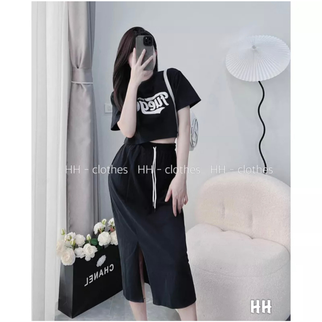Set váy cotton thêu chữ chân váy dáng dài xẻ tà hàng loại 1 Bani