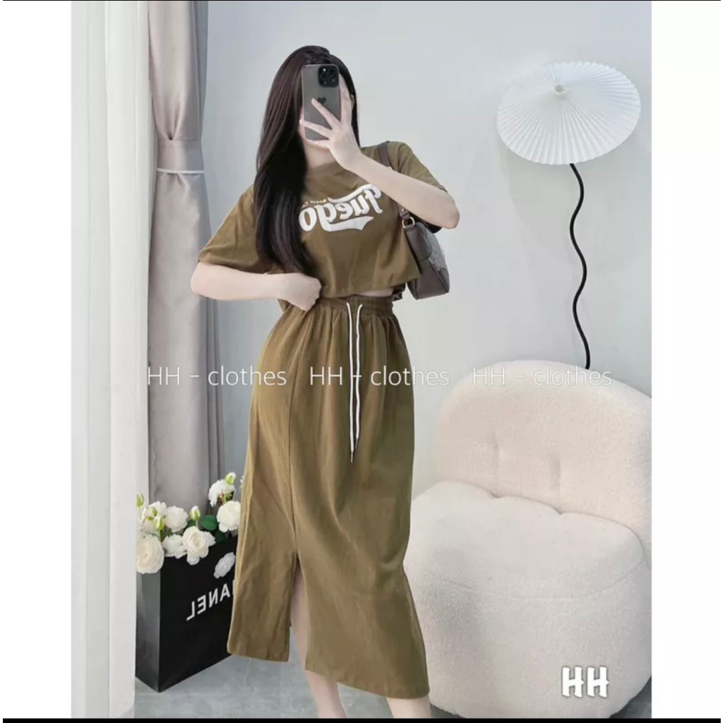 Set váy cotton thêu chữ chân váy dáng dài xẻ tà hàng loại 1 Bani