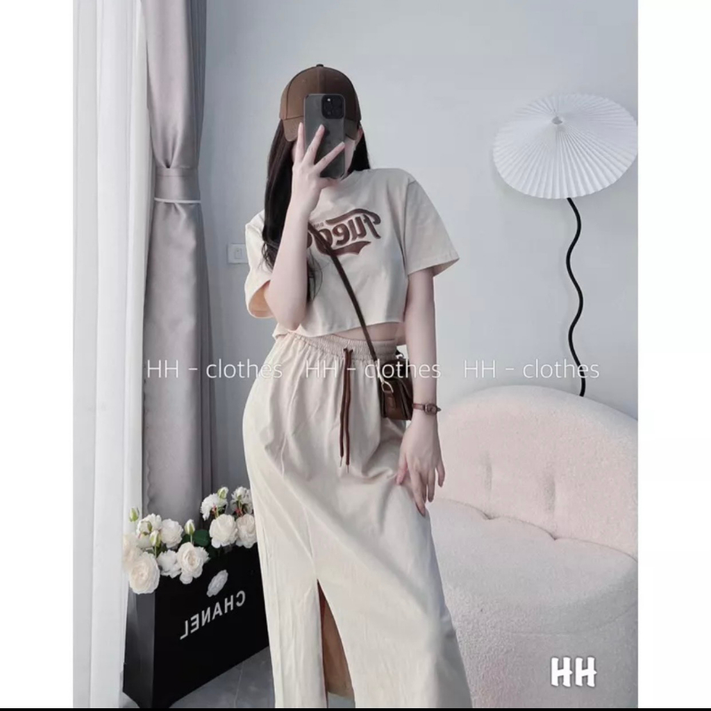 Set váy cotton thêu chữ chân váy dáng dài xẻ tà hàng loại 1 Bani