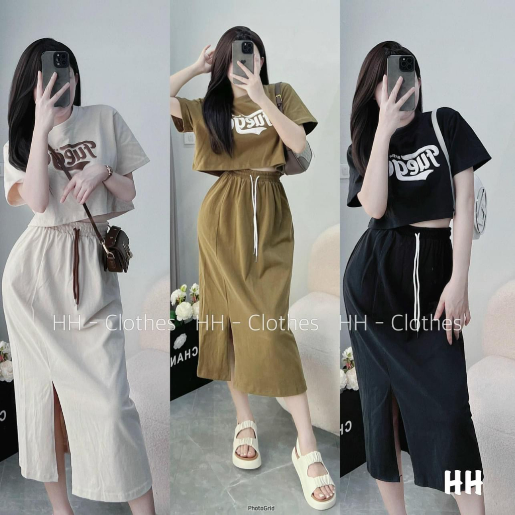 Set váy cotton thêu chữ chân váy dáng dài xẻ tà hàng loại 1 Bani