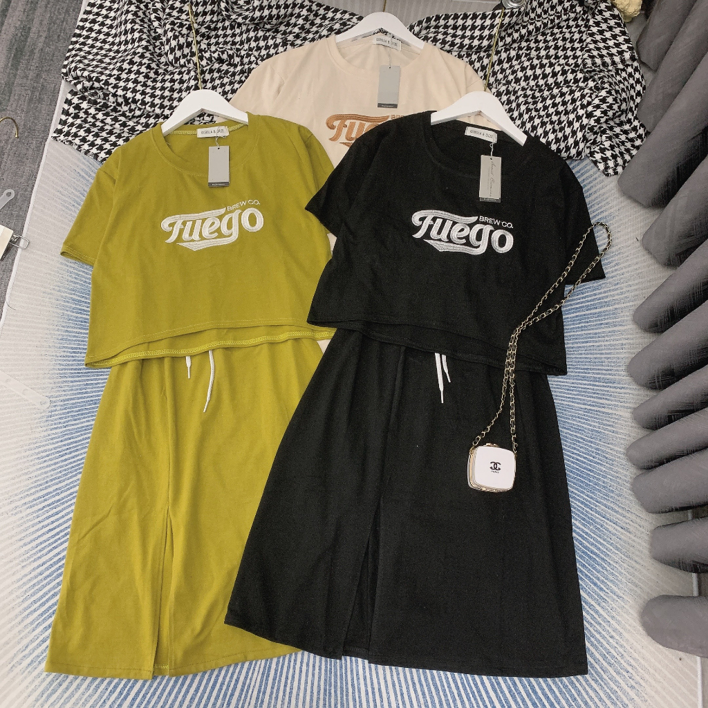 Set váy cotton thêu chữ chân váy dáng dài xẻ tà hàng loại 1 Bani