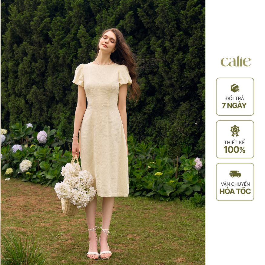 Váy midi dáng A nhẹ cổ tròn phối tay bồng dáng dài Calie VM093