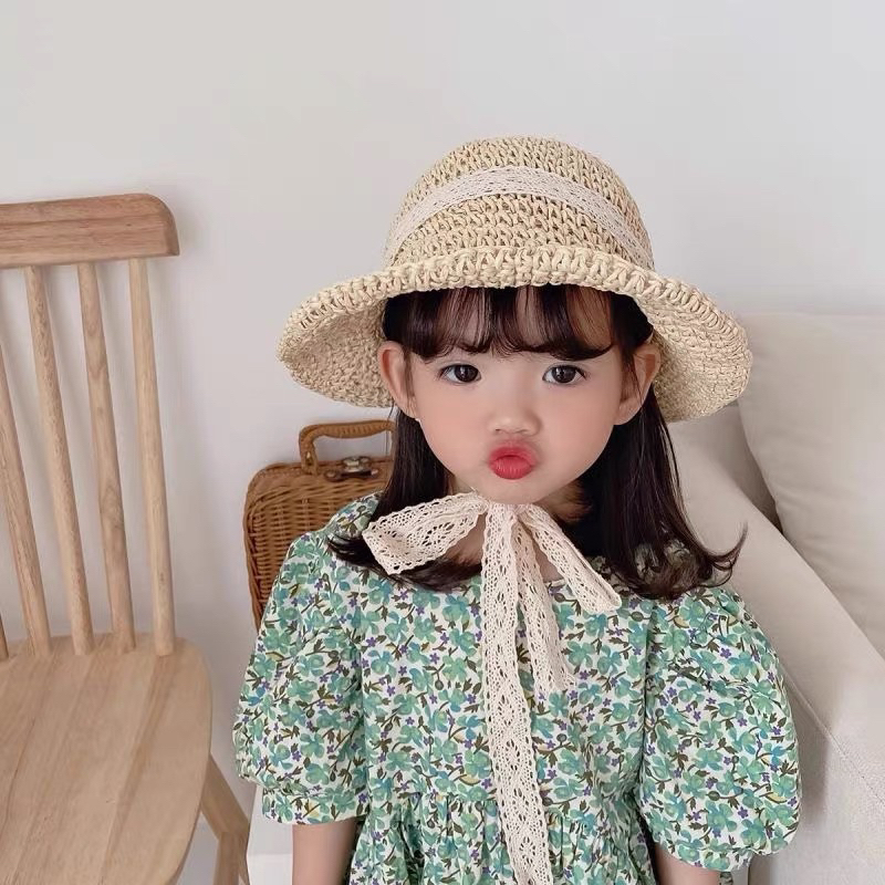 Mũ cói cho bé có dây buộc nơ ren đi biển che nắng cực xinh