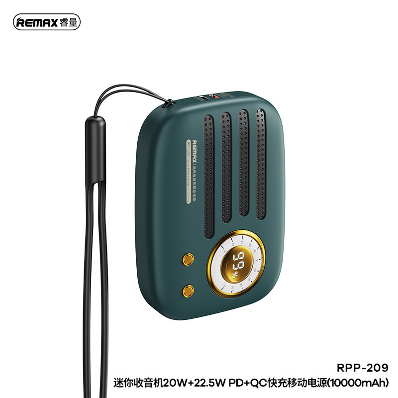 Pin dự phòng sạc nhanh Remax RPP-209 10000mAh QC3.0 PD 20W kiểu dáng radio mini có dây đeo