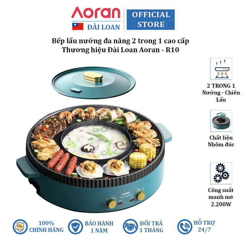 Bếp lẩu nướng đa năng 2 trong 1 cao cấp Aoran R10, công suất 2200W - Nhôm đúc chống dính