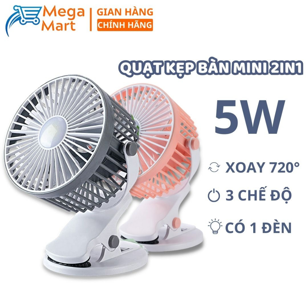 Quạt Tích Điện Để Bàn Có Đèn , 24 Tiếng Liên Tục, Quạt Mini, Kẹp Bàn Chắc Chắn, Xoay 720 - Bảo Hành 3 Tháng