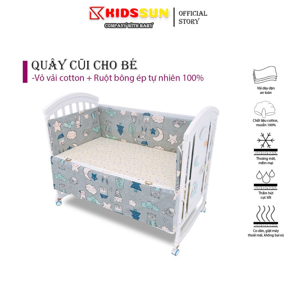 Quây cũi KIDSSUN cho bé bao gồm ruột bông mềm và vỏ chất vải Cotton 100% mẫu mới nhiều màu sắc