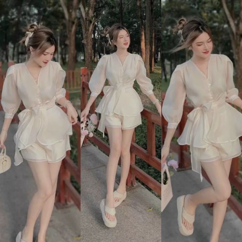Set Đồ Hè Ms.69a87 Áo Sơ Mi Kiều Vạt Xòe tay Bồng Phối Cùng Quần Short Ống Xòe Hai Lớp