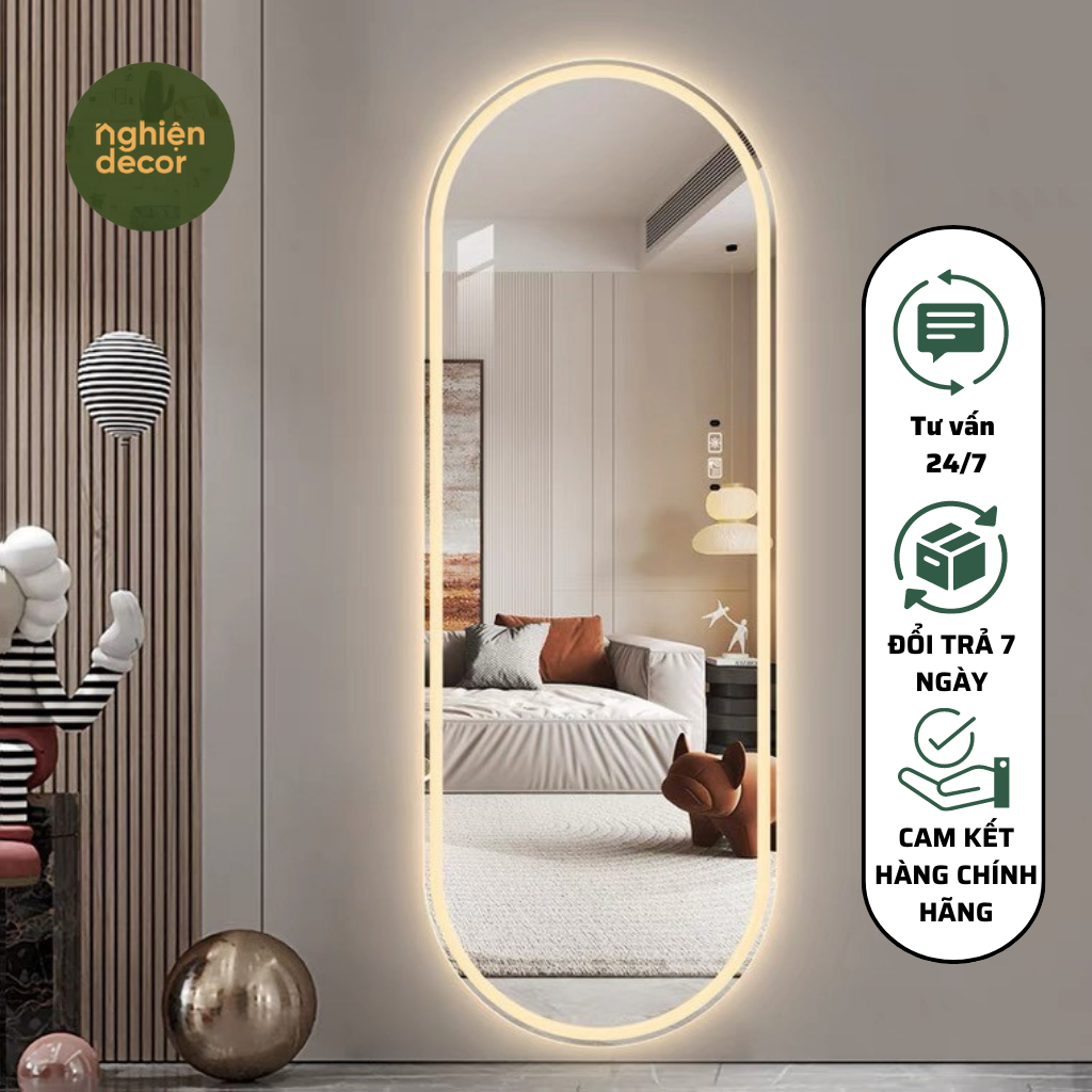 Gương toàn thân hình oval treo tường phòng khách, phòng ngủ,cửa hàng decor trang trí có đèn led cảm ứng