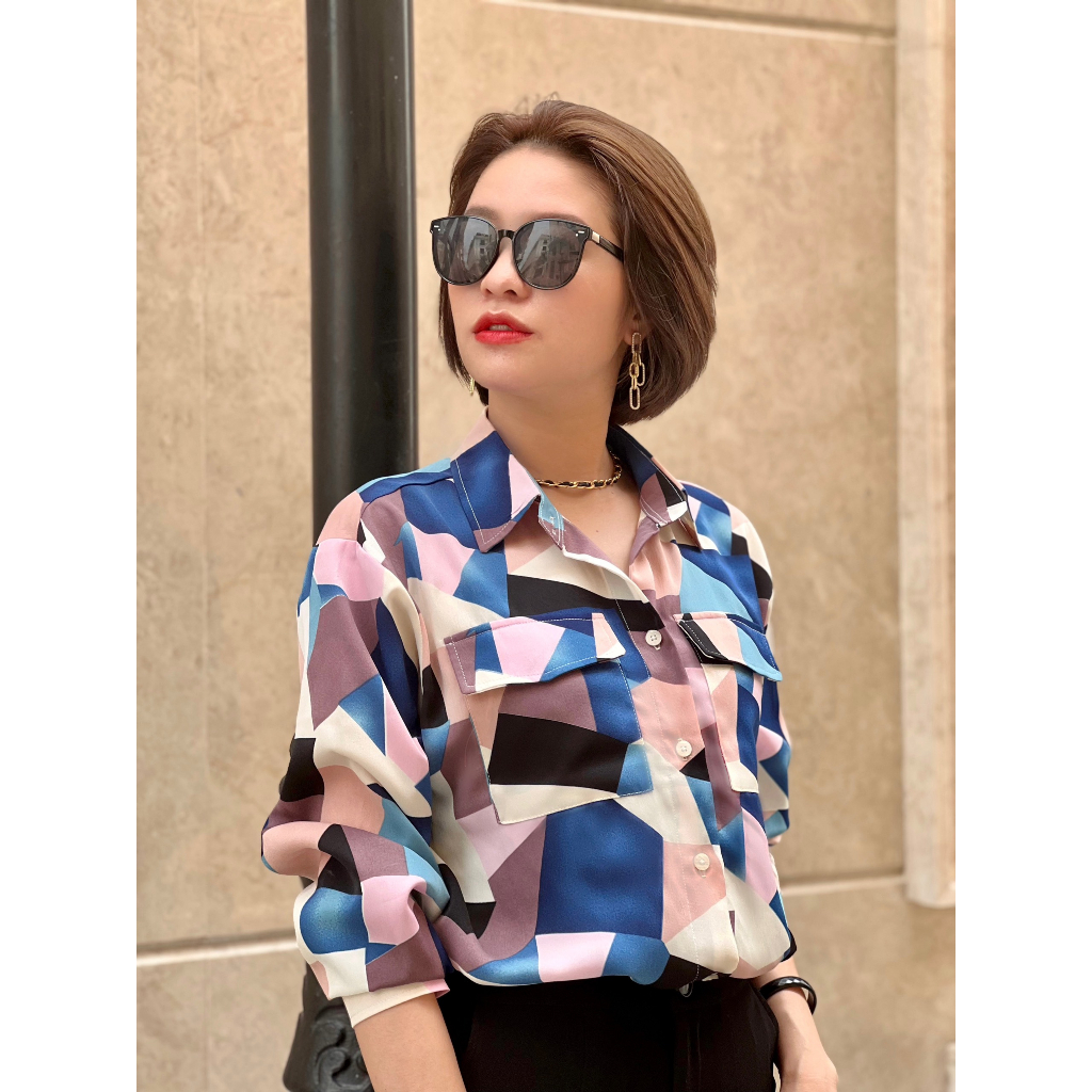 Sơ mi lụa họa tiết sang chảnh form cánh dơi nhẹ 2 túi vạt bầu xẻ phong cách Hàn Quốc Cỏ Fashion FREESIZE