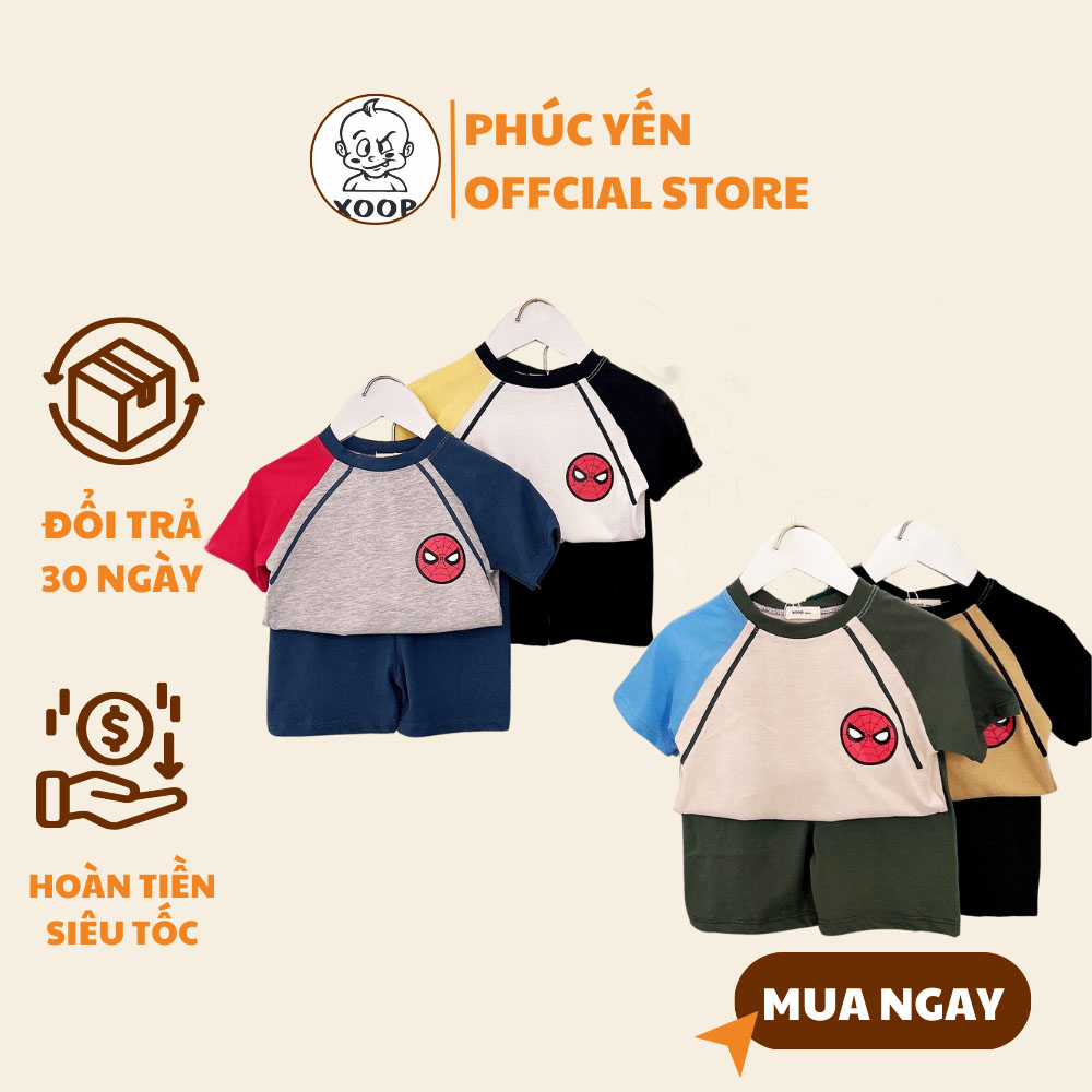 Bộ cộc tay cotton mặc trong nhà-Đồ Bộ quần áo cộc tay XOOP phối tay 2 màu in người nhện cho bé trai,bé gái (8-18kg) BC52