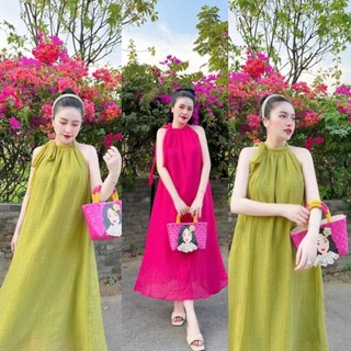 Váy Maxi Ms.6085 Váy Dáng Xòe Thiết Kế Cổ Yếm Cột Dây Chất Tơ Nhăn Hai Lớp Sang Sịn