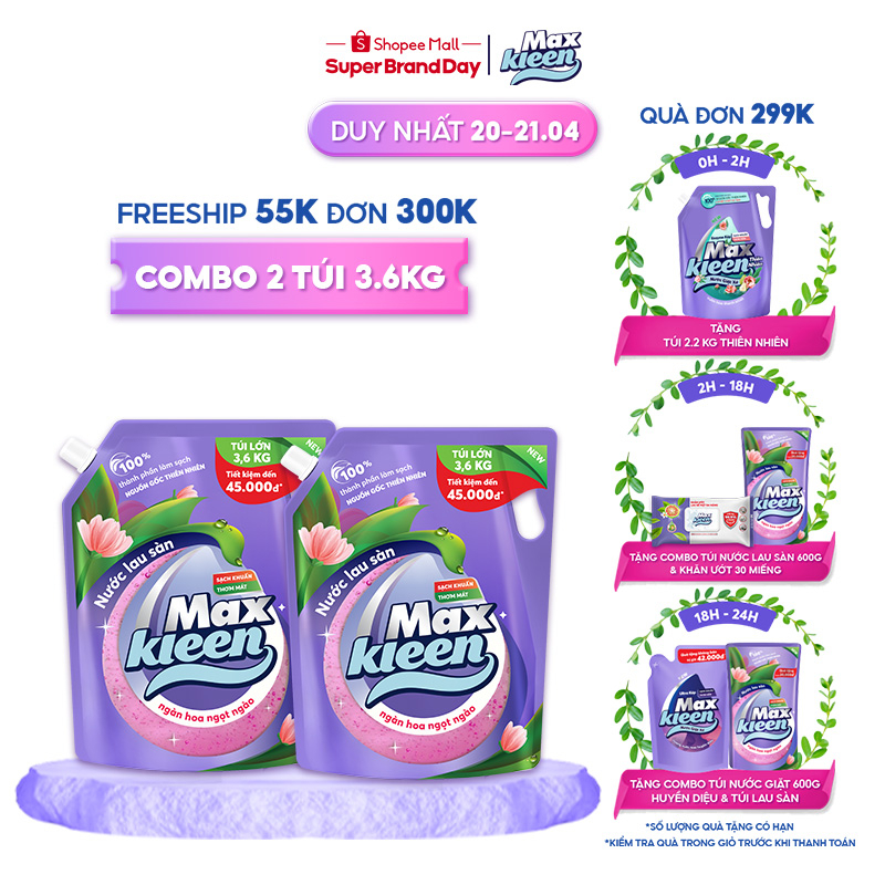 Combo 2 Túi Nước Lau Sàn MaxKleen hương Ngàn hoa ngọt ngào 3.6kg/túi