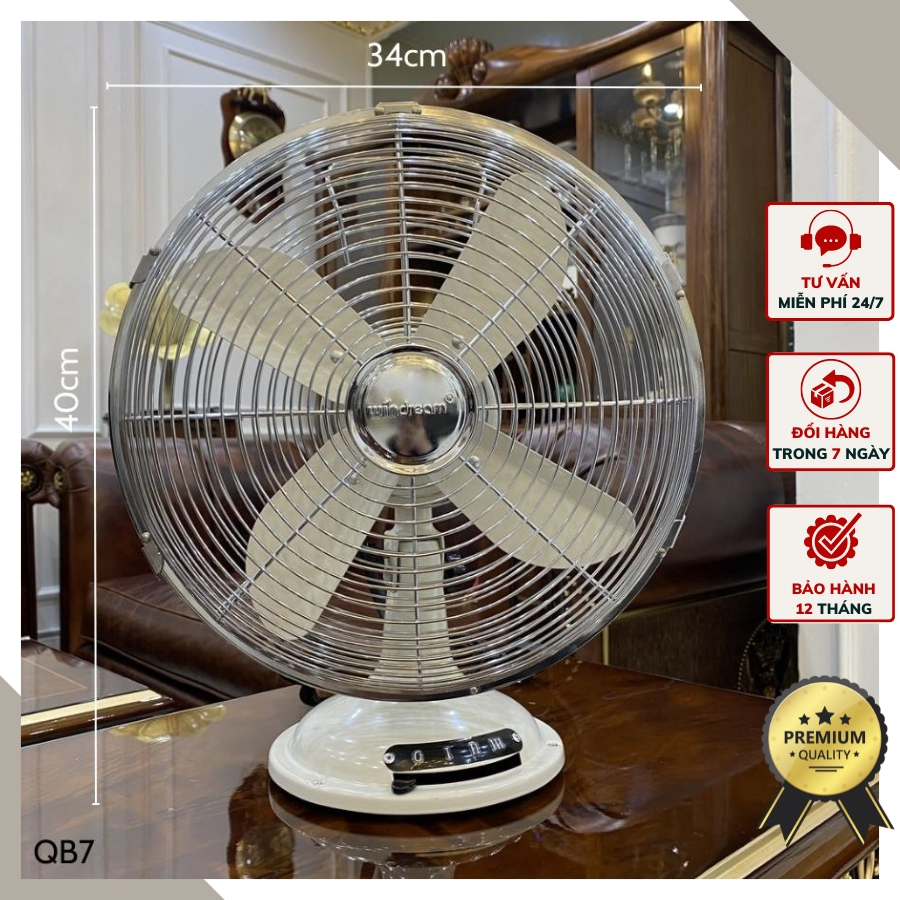Quạt bàn gam màu trắng bạc nhỏ gọn siêu mát mang phong cách tân cổ điển sang trọng QB7