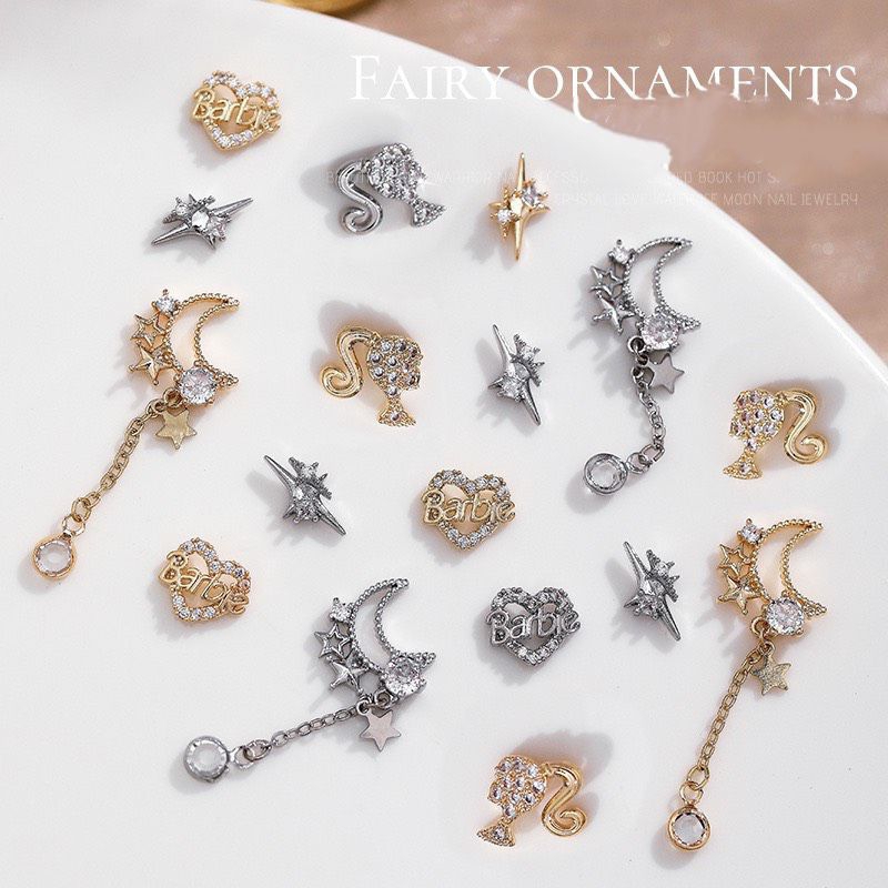 charm dây xích trăng,sao vàng bạc gắn trang trí móng phụ kiện nail new mới