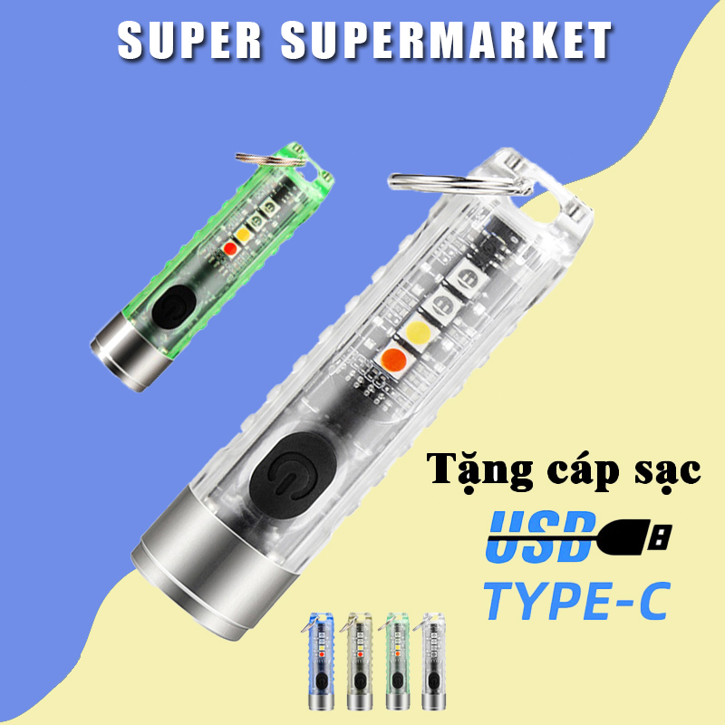 Đèn pin mini siêu sáng, chống nước IP65, làm móc khóa, nhiều chức năng, nhiều màu sắc, tặng cáp sạc Type-C tiện dụng