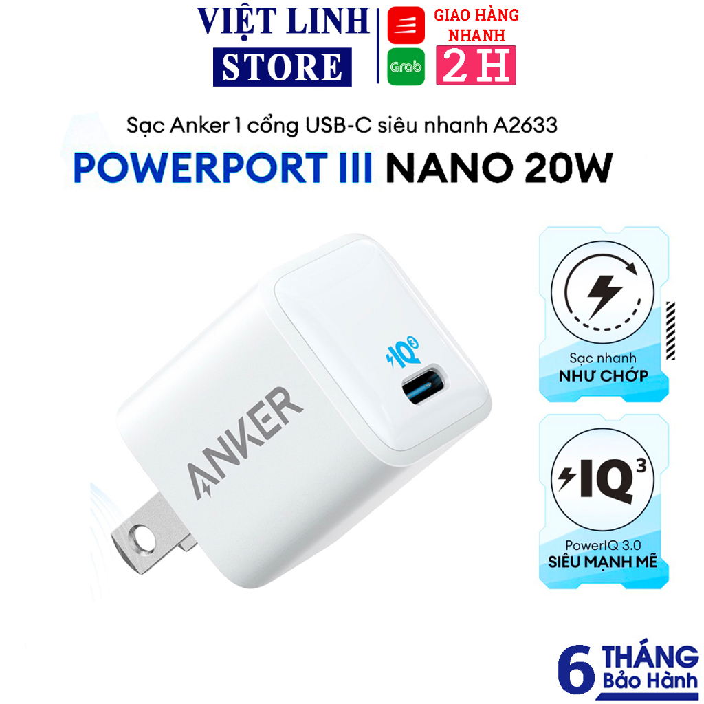 Sạc nhanh 20W Anker1 cổng USB-C (Type-C) công nghệ PowerIQ 3.0 tương thích tích hợp PD - A2633