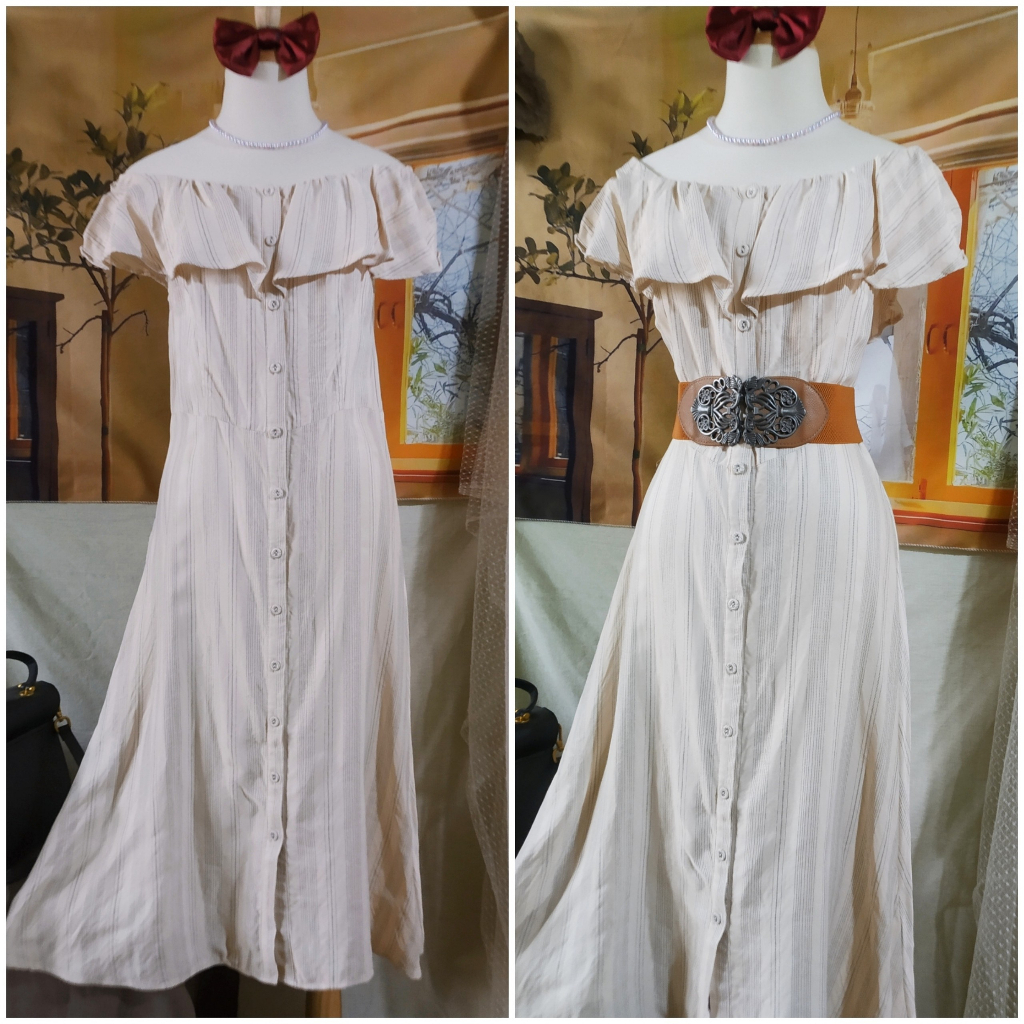 |2hand| Đầm dài hiệu H&M phối vai bèo họa tiết kẻ (còn dây tag)