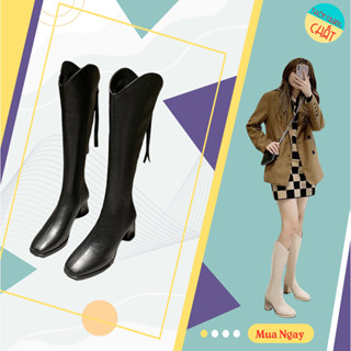  Bốt Đùi Nữ Đế Vuông Cao 7p Cổ sóng Giày Boots Cổ Cao Khoá Sau Chất Mềm Mẫu mới Sang CHảnh 