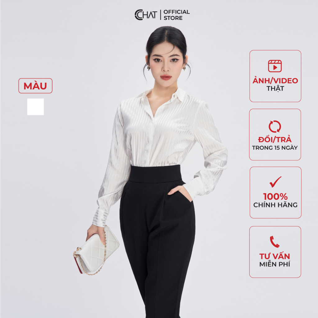 Áo Sơ Mi Nữ 𝐂𝐂𝐇𝐀𝐓 Kẻ Trắng Dáng Suông Chất Lụa Cao Cấp Mềm Mịn 53SDL7001SB