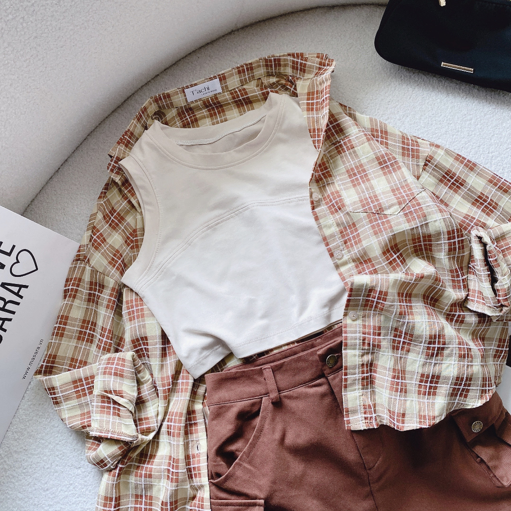 SET 3 MÓN SƠ MI CARO VÀNG - NÂU: ÁO SƠ MI CARO + ÁO SÁT NÁCH CROPTOP + CHÂN VÁY TÚI HỘP (TH) SHEEP
