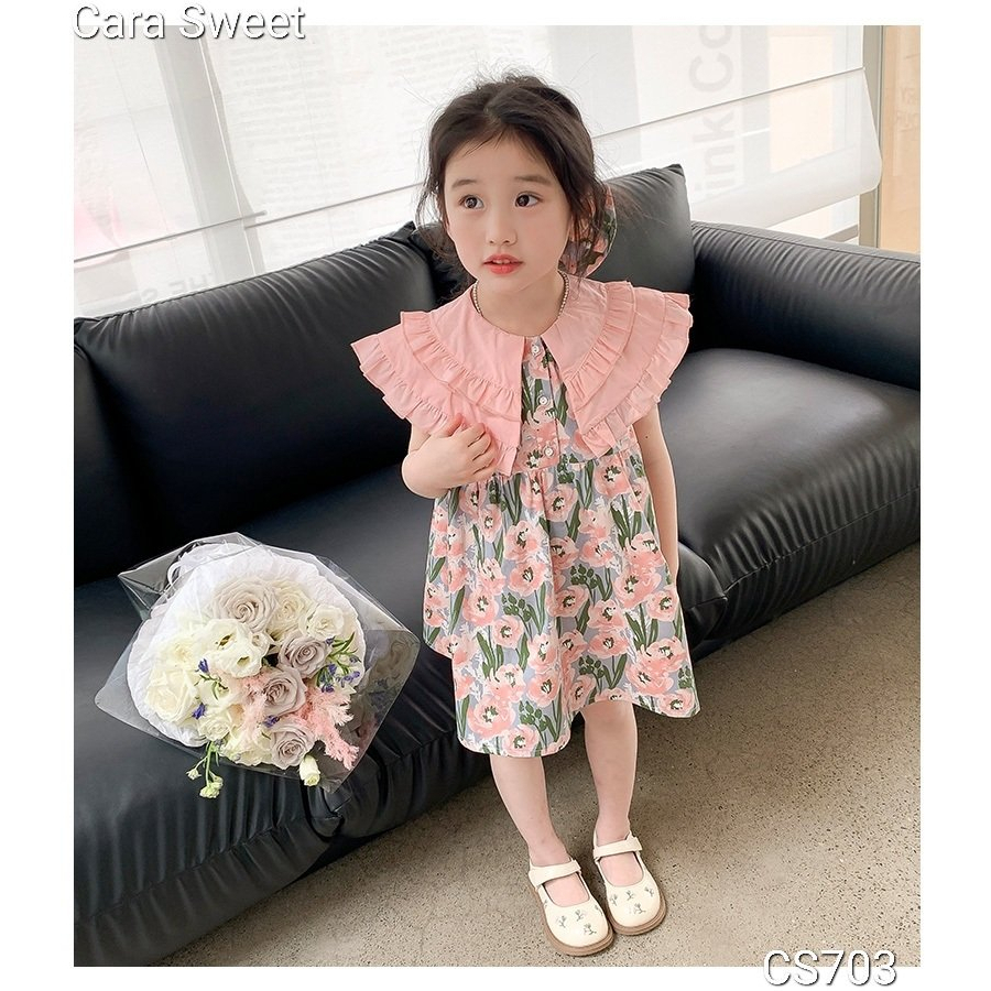 Váy Hè Bé Gái CARA SWEET CS703, Váy Cổ Sen Bản Rộng Cách Điệu Siêu Xinh, Size 18M-11Y