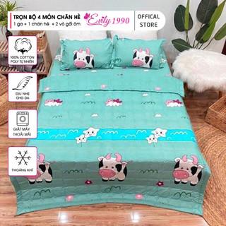 Trọn Bộ 4 Món Chăn Ga Gối Trải Giường Poly Cotton Mẫu BÒ SỮA XANH LÁ (đủ cỡ giường)