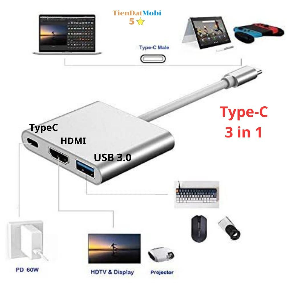 Cổng chia typeC ra HDMI 4k, HUB chuyển đổi USB TypeC 3 in 1 dùng cho laptop macbook, điện thoại samsung