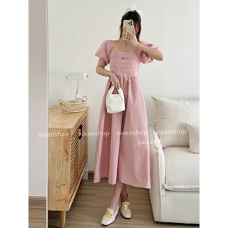 Váy Tay Bồng Chun Lưng Vintage Phong Cách Hàn Quốc