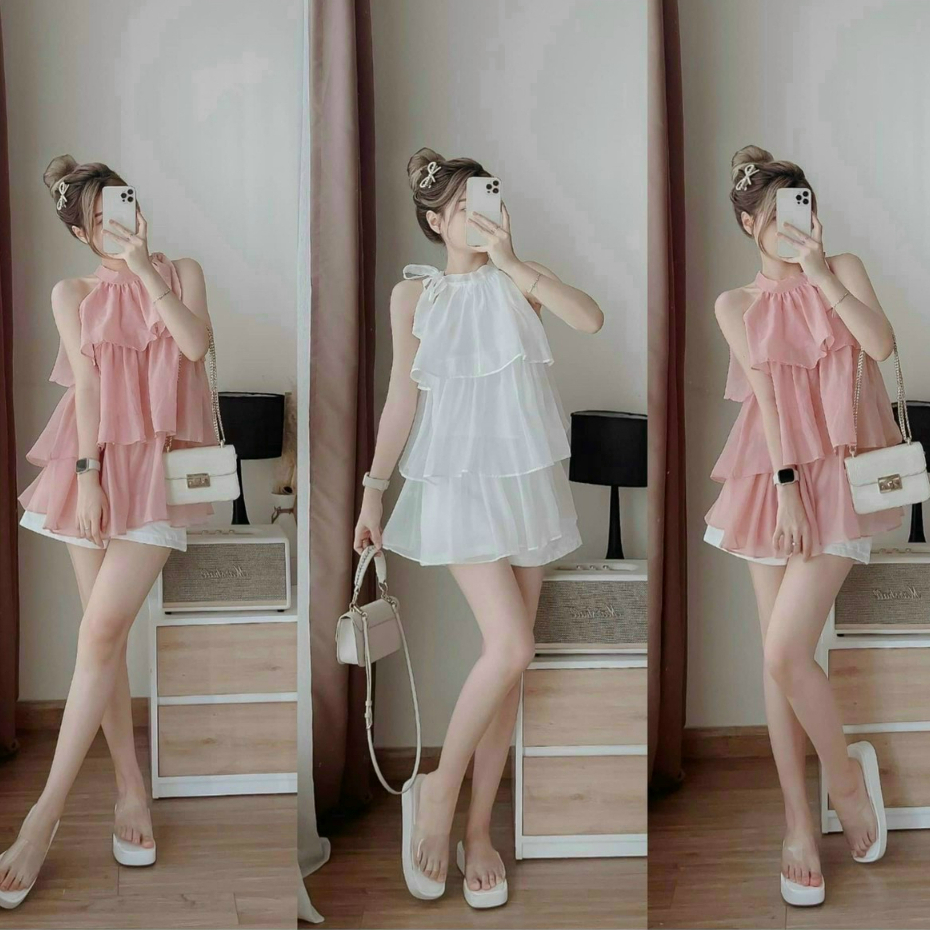Set áo yếm voan tầng có cột nơ cổ dáng xòe mix quần ống rộng xinh xắn dành cho các nàng đi chơi, du lịch, hẹn hò