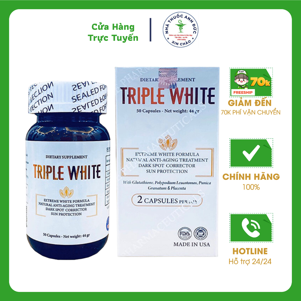 Viên uống trắng da Triple White - Dưỡng trắng da - Da trắng hồng - Giảm thâm nám - Nhà thuốc Anh Đức