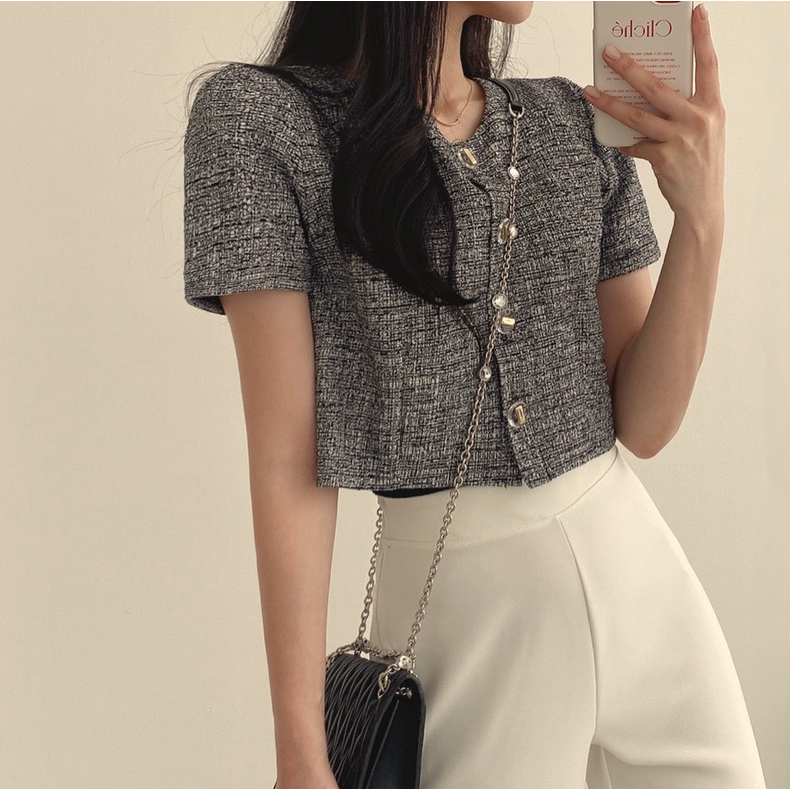 Áo dạ tweed tay ngắn dáng croptop mỏng mặc hè cho nữ có cúc đóng Monta Store