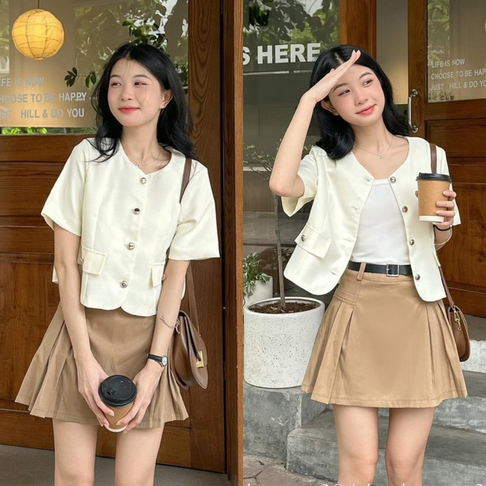 Áo sơ mi nữ cộc tay A.476, Áo kiểu dáng ngắn chất dạ mỏng túi nắp đơn giản thanh lịch - Shop Chấm Bi