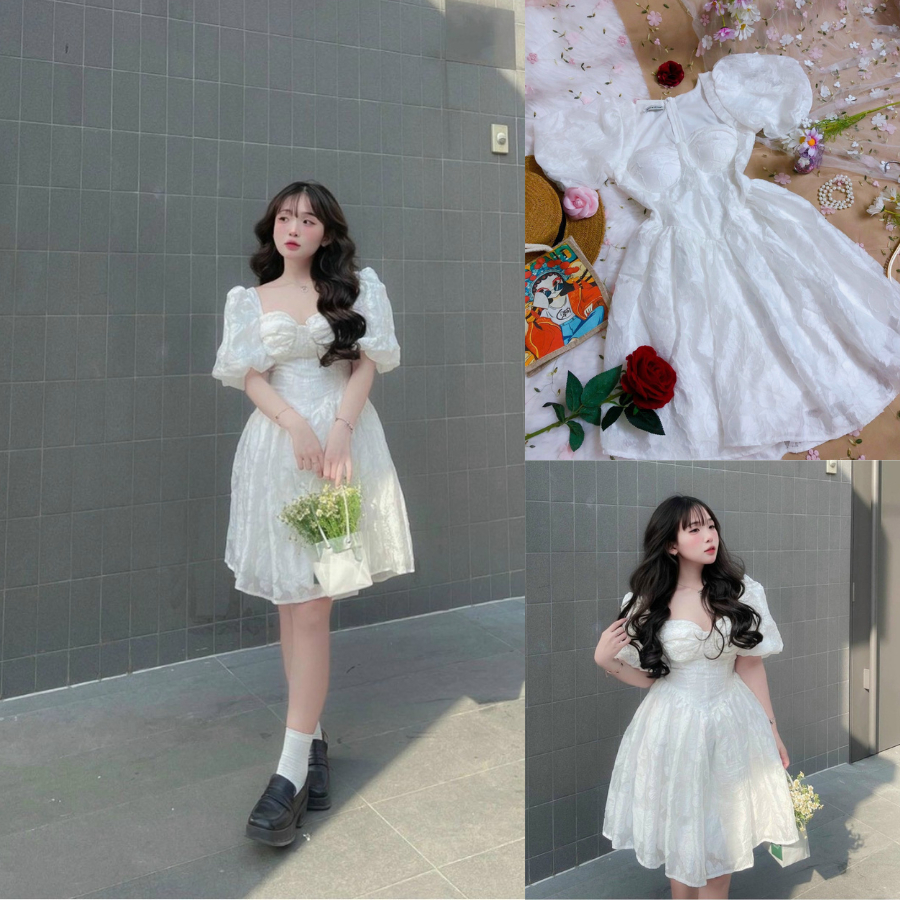 Đầm Dự Tiệc Đi Biển,Váy Hoa Trắng Babydoll Cổ Vuông Thiết Kế Dáng Xoè Tay Bồng Công Chúa Sang Chảnh Thời Trang MJP