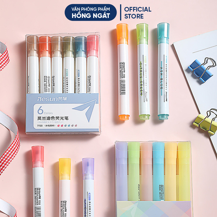 Bút highlight pastel Resun, bộ 6 bút highlight dạ quang đánh dấu nhớ dòng morandi trang trí sổ bullet journal B48