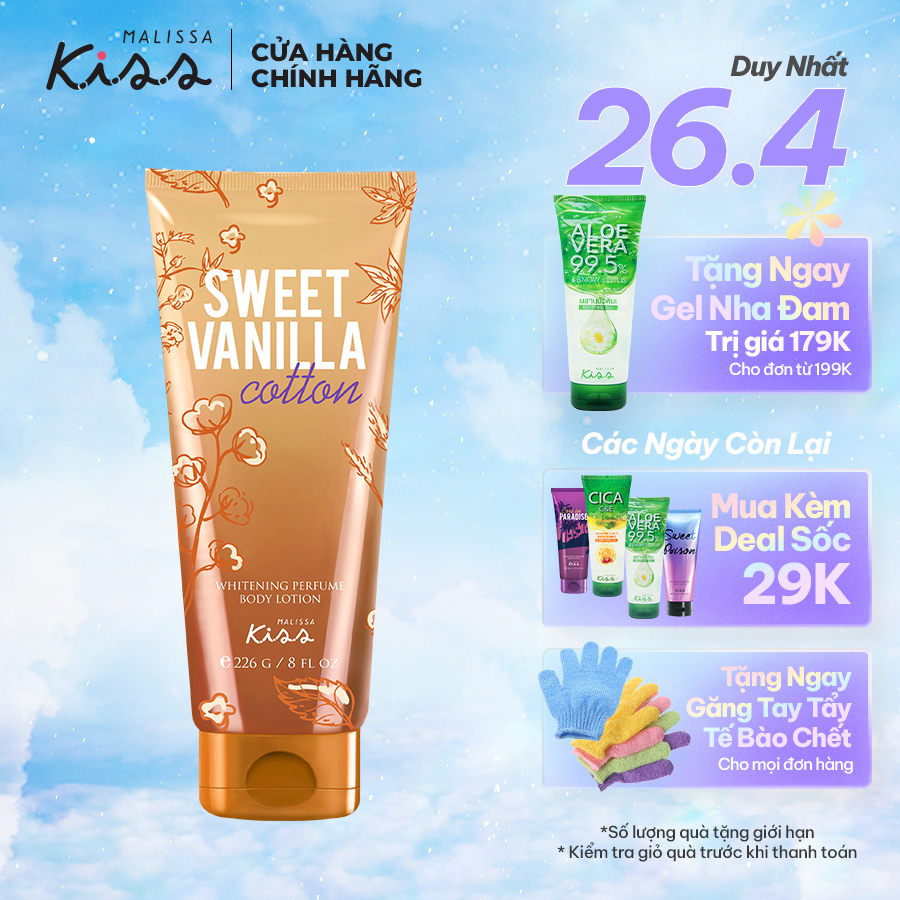 Sữa Dưỡng Trắng Da Toàn Thân Hương Nước Hoa Malissa Kiss Hương Sweet Vanilla Cotton 226g