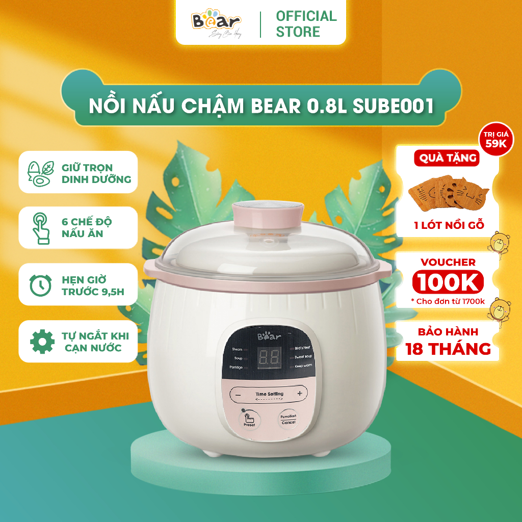 Nối Nấu Cháo Cho Bé Bear 0,8L Nấu Chậm Hầm Cháo Nhừ Giữ Lại Chất Dịnh Dưỡng Cho Bé Ăn Dặm - Sube001