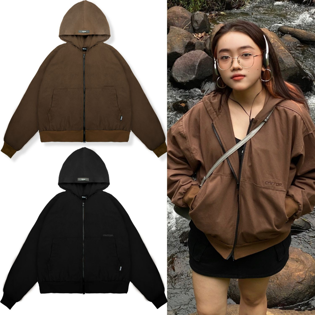 Áo hoodiezip dáng Boxy Form ngắn Kaki Hooded local brand ONTOP | O21-AK14