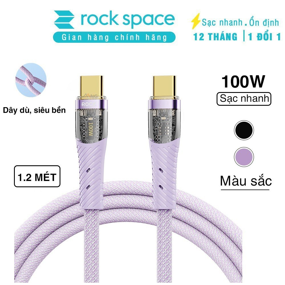 Dây cáp sạc nhanh Rockspace Z21 TypeC to TypeC, sạc nhanh 100w chuẩn QC dây dù siêu bền - Hàng chính hãng BH 12 tháng