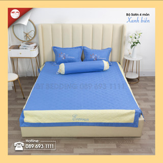 Set bộ ga gối 4 món satin thêu hoa cao cấp , drap giường phủ trần bông dày dặn everron H&T Chăn Ga Gối