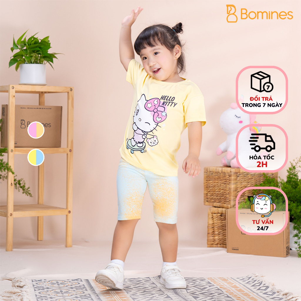 Đồ bộ bé gái Hello Kitty BOMINES, thun cotton tay ngắn mát mẻ cho bé 4-12 tuổi, 14- 36kg DBKITTYQUANLOANG