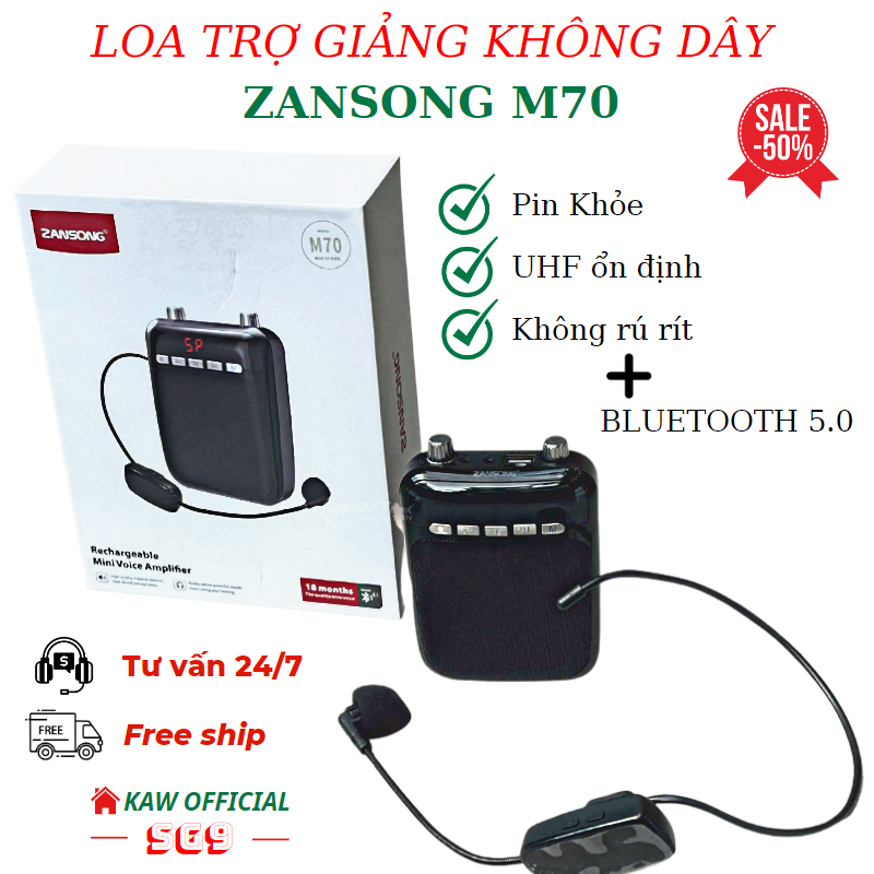 Máy trợ giảng cho giáo viên Zansong M70, kèm mic cài đầu không dây, nhỏ gọn pin bền, công suất lớn15W,Hàng chính hãng