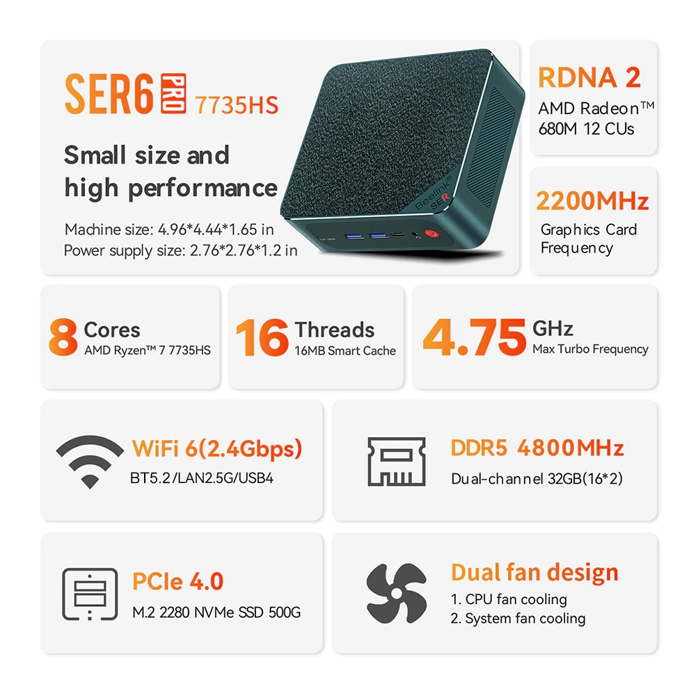 Máy tính siêu nhỏ (PC Mini NUC) Beelink SER6 Pro VEST (AMD Ryzen 7 7735HS | 32GB DDR5 | 500GB NVME PCIe 4.0) | BigBuy360 - bigbuy360.vn