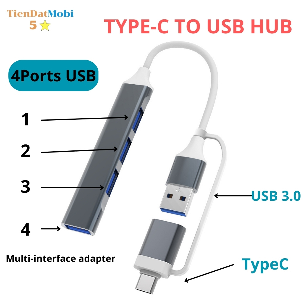 HUB bộ cổng chia USB và chia TypeC, Cổng chuyển đổi đa năng USB 4 in 1