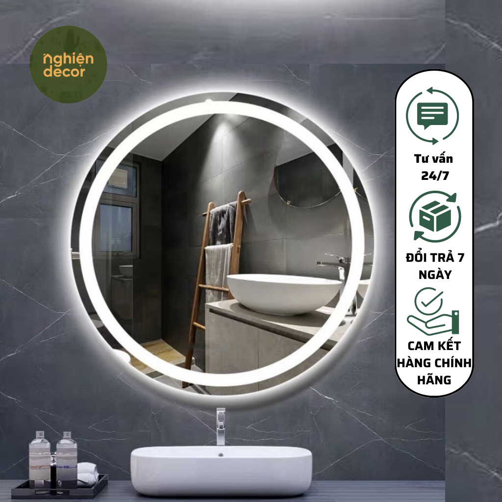 Gương tròn decor treo tường dán tường phòng tắm, bàn trang điểm, bồn rửa mặt có đèn led cảm ứng cao cấp