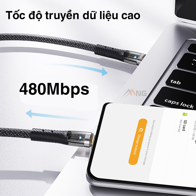 Dây cáp sạc nhanh 6A chuẩn TypeC Rockspace Z21 đầu cáp trong suốt độ dài 1.2m, hàng chính hãng bảo hành 12 tháng