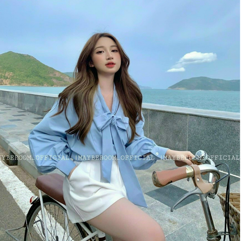 Set đồ nữ áo somi tay dài cột nơ mix quần short kiểu dáng basic thời trang dành cho các nàng đi chơi, du lịch xinh xắn