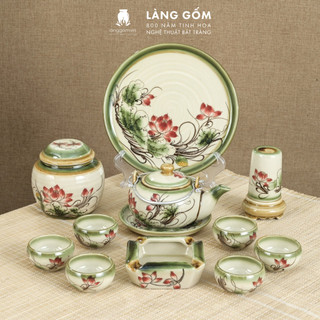 Bộ ấm chén vẽ tay kiểu Nhật họa tiết hoa sen + Khay tròn, dung tích 350ml - Gốm sứ Bát Tràng cao cấp - LÀNG GỐM