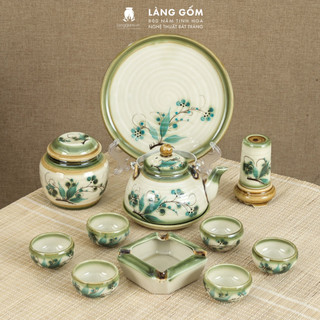 Bộ ấm chén Bát Tràng vẽ tay kiểu Giỏ cua vẽ tre xanh + Khay tròn - Dung tích 350ml - Làng Gốm